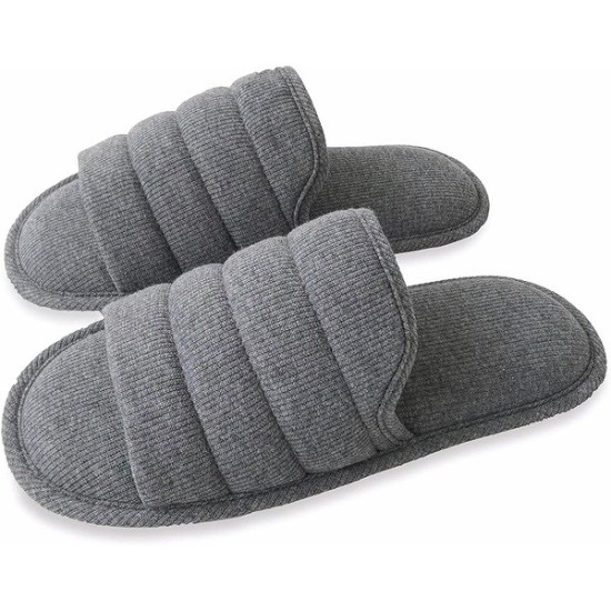 Mens Cotton Open Toe House Flat Slippers,Male Breathable Summer Indoor Slides, Memory Foam Anti Slip Sole